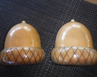 Vintage Primitive Hand Carved Solid Wood Acorn Book Ends