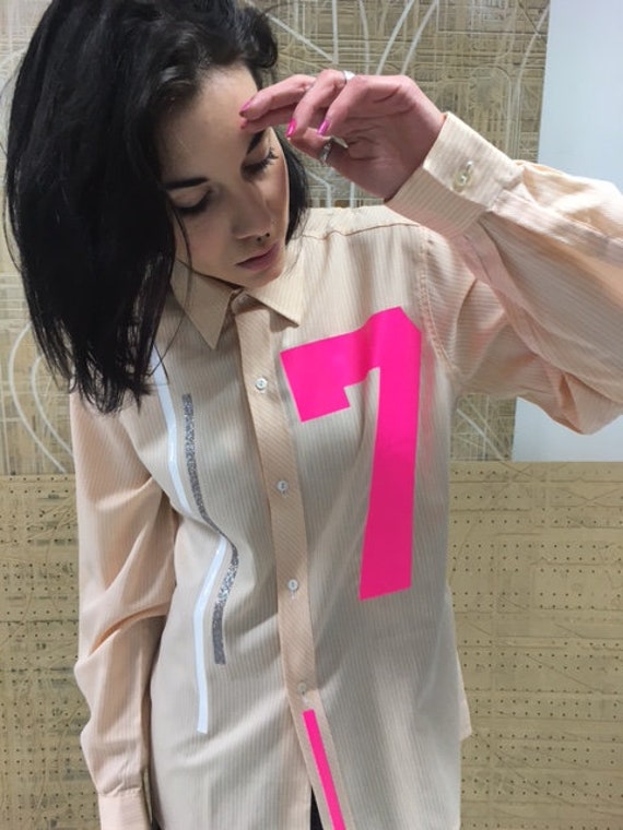 Slim Fit Print Love LOLA DARLING Shirt. Unique Peach Color Silver Glitter and White Stripes One Of a Kind. Made with Care in Italy