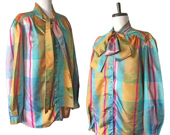Vintage Rainbow Plaid Bow Blouse — M/L