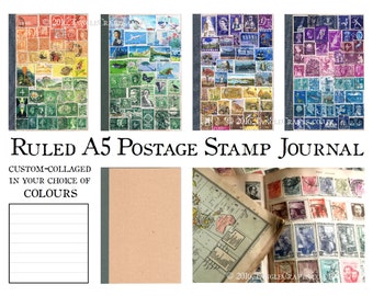 A5 Journal, Ruled Travel Journal | Custom Colours TN Traveler NoteBook Insert | Upcycled Postage Stamp Art Boho world travel gift for writer