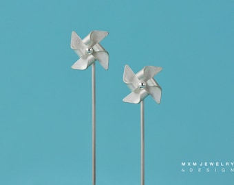 Hanfolded Sterling Silver Pinwheel Earrings W/Long Post