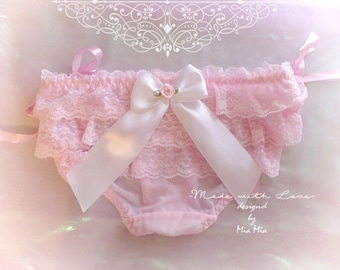 DDLG Lingerie Daddys Girl Pink Ruffles Lace White Bow O Ring Rose Thong Panties , DDLG Clothing BDSM Fairy Kei