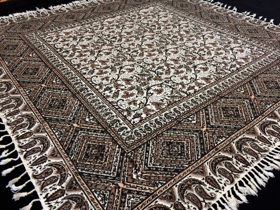 hand printed 39" inches brown square tablecloth, natural dyes tapestry art with tassels, wedding decor on the top