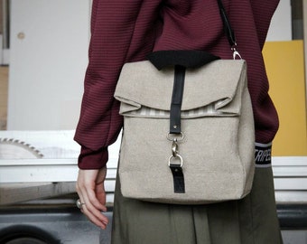 Handbag 100%linen beige + eco leather. Lunch bag/ / canvas cross body bag