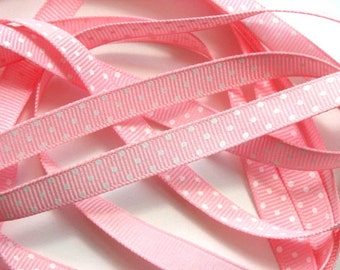 3/8" Grosgrain Ribbon Swiss Dots - Pink with White Dots - 5 Yards
