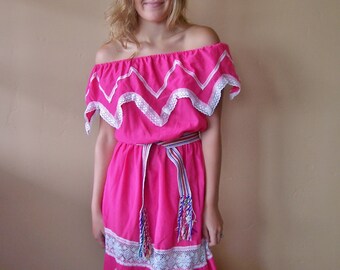 Mexican Dress, Off shoulder, dress, Rose, Pink, Cinco de Mayo, Frida, M