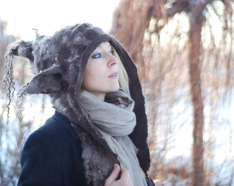 Felted hoodie with goblin ears, goblin hat , Yoda hat, brown hat custom made