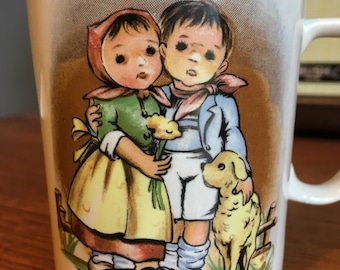 Vintage Hummel Style Mug, Made in Japan, Little Boy and Girl with Lamb