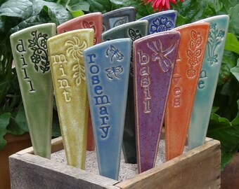 12 Plant Markers- Herb & or Vegetable Garden Markers - A set of 12 pottery garden stakes - READY TO SHIP