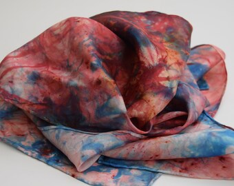Silk Scarf, Hand Dyed Silk Scarf Hand painted Scarf - Dark Peach. pink and Blue - Habotai Silk Batik women's fashion
