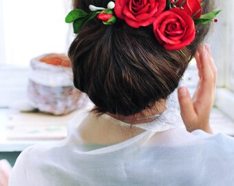 red rose hair piece red flower pin hair jewelry rose hair pin Boho wedding hair piece birthday gift girl Flamenco hair Accessory Bridesmaids