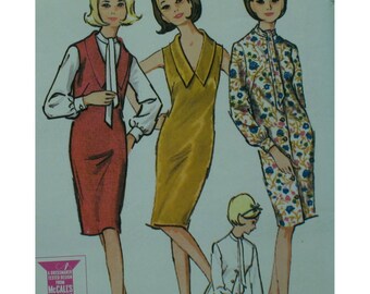 1960s Sheath Dress Pattern, Fitted, V-neck/Tie Neck, Sleeveless/Long Sleeves, Collar/Tie Neck McCalls No. 7421 UNCUT Size 14 Bust 34"87cm
