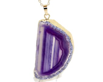 Purple Agate Necklace, Purple Agate Slice Necklace, Purple Geode Necklace, Purple Necklace, Semi Precious Gemstone Necklace