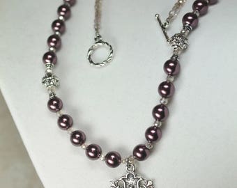 Woman's Catholic Necklace; Burgundy Pearl & Sterling Silver Our Lady of Grace Necklace