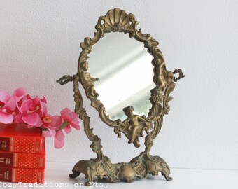 Vanity Mirror Table Makeup Mirror on Stand: Vintage Victorian Brass Oval Mirror, Dresser Tilt Mirror Decorated with Cherubs