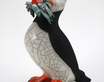 Puffin with Fish - ceramic raku fired sculpture