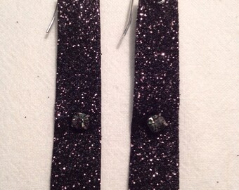 Thin Black Glitter Ribbon and Rhinestone Earrings