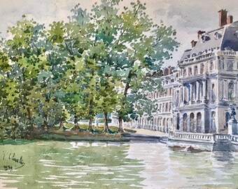 View of a Paris street (antique watercolor painting)