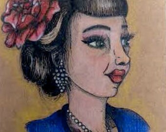 Original Art ATC Artist Trading Card 1950s Spanich Vixen