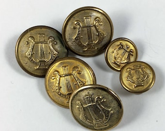 Set of Six Vintage Uniform Buttons with Harp, Four Large and Two Small