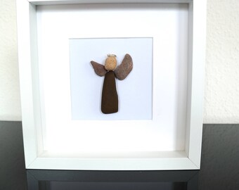 Image of pebbles - Pebble art - guardian angel, framed 25 x 25