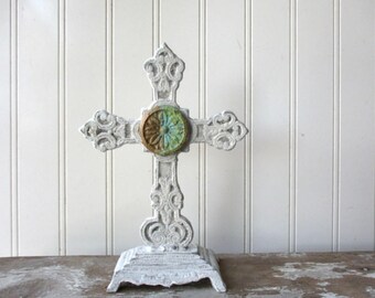 Antique style Cast iron standing cross white cross ornate metal 8" faux verdigris paperclay element Religious Christian Spiritual decor W3