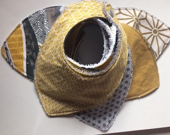 set of 5 bibs bandanas grey and mustard yellow