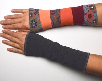 Mittens spring Arm Warmers Wrist Warmers double sided cotton flowered wine red orange gray