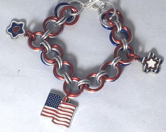 Red White Blue Silver Patriotic Bracelet - Red White Blue Chain Mail Bracelet -Chain Mail Bracelet - USA Flag Bracelet - Red White Blue