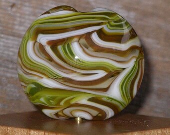 Handmade Lampwork Focal Bead Green and Golden Brown Swirl