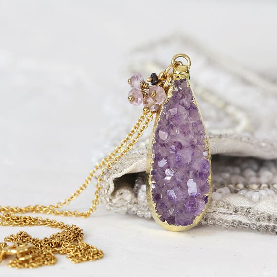 Amethyst Druzy Necklace - Diamond & Amethyst Cluster Necklace