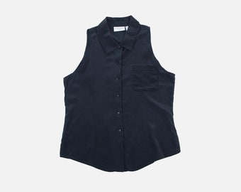 90s Black Silk Sleeveless Button Up
