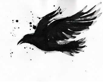 Crow painting - Ink on 8x12in canvas, A4, 21x30cm - abstract flying crow 3