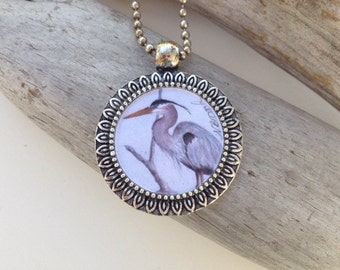 Great Blue Heron Pendant Handmade with Watercolor Art Print