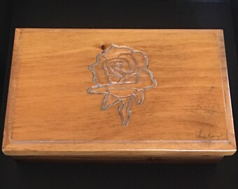 Vintage Wood Carved Rose Jewelry Trinket Storage Organizer Keepsake Box