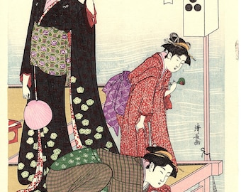 Japanese Ukiyoe, Woodblock print, antique, Kiyonaga, "Cooling off in the Evening at Shijo Riverbank"