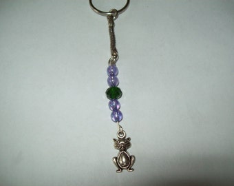 Cat keyring, cat jewelry, purple and green beads