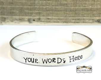 your words cuffs - custom hand stamped pewter bracelet - personalized - choose your words - design your own - customized