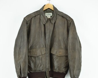 Vintage LL Bean Flying Tiger Brown Leather Bomber Jacket Mens