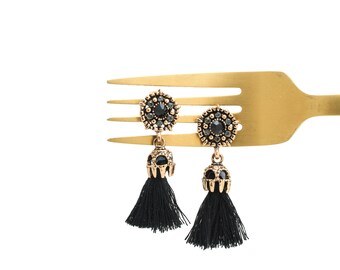 Small Tassel Earrings, Threaded Tassel Earrings, Black Tassel Earrings, Statement Earrings, Gemstone Earrings, Bohemian Earrings