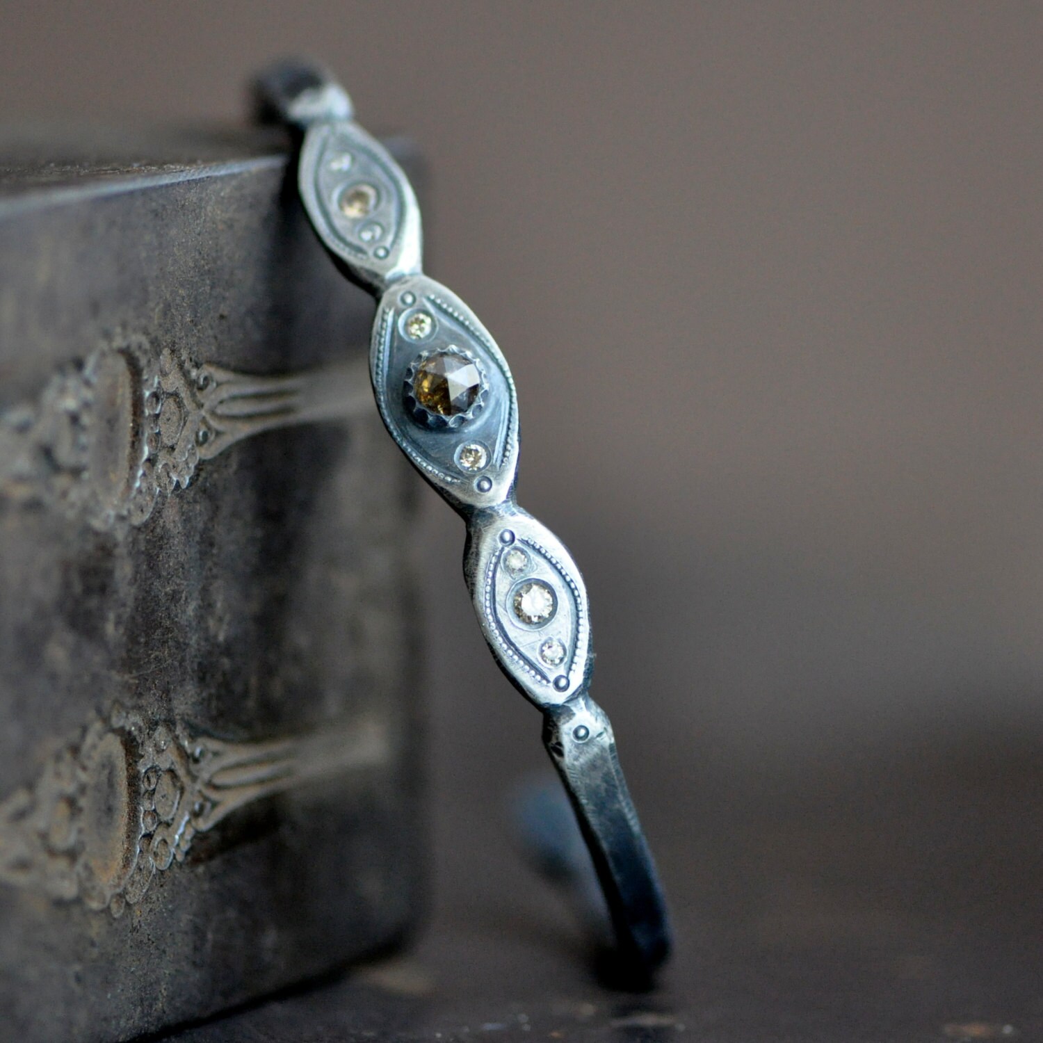 sterling silver cuff bracelet with rose cut brown and Champagne brilliant diamonds