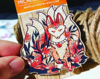 Fox Ninetails Pin. Fox Pin. Fox Brooch. Wood Brooch. Wood Pin. Kitsune Pin. Laser cut Pin. Gifts under 20. Gifts for her. Fox