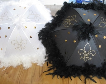 Bride and Groom New Orleans Wedding Second Line Umbrellas- set of 2- MEDIUM 19" size- GOLD ACCENTS- hand painted fleur de lis, sequins, boa
