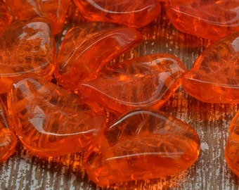 Czech Glass Leaf Beads Orange 14mm x 9mm , Czech Glass Leaves, Czech Glass Curved Leaf Beads, Czech Pressed Beads, UK Czech Glass Beads