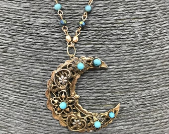 Vintage antique Gold and turquoise crescent moon pendant necklace