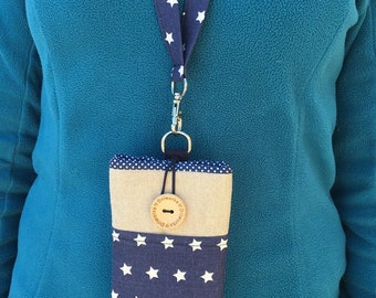 Blue phone case Lanyard, Stars Fabric phone Pouch Lanyard, Padded phone sleeve, Fabric phone wallet case, Cell phone bag lanyard