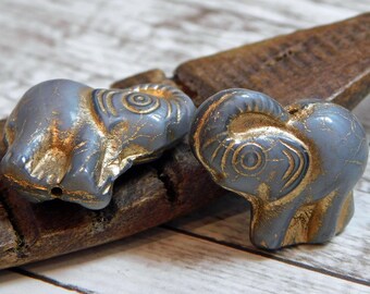4pcs - Czech Elephant Beads - Czech Beads - Czech Glass - Elephant Pendant - Picasso Beads - Lucky Elephant - Grey Elephant - (B626)