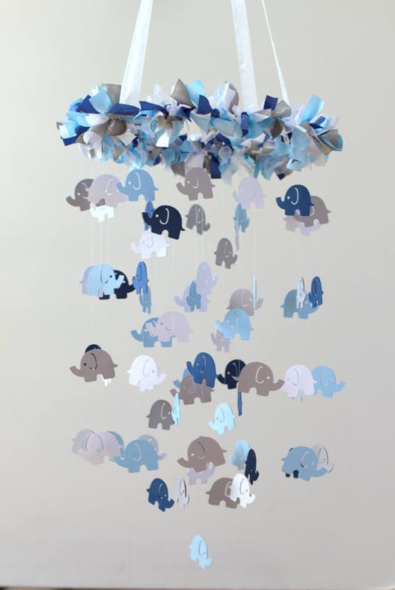 Elephant Nursery Mobile in Navy Baby Blue Gray & White