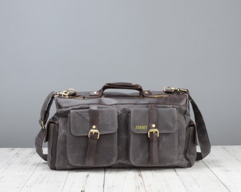 Personalised waxed canvas and leather overnight bag in grey