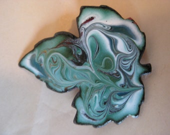 Leaf Green White Brooch Enamel Vintage Pin Copper